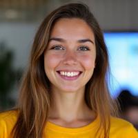 Porträt von Sarah, einer jungen, engagiert wirkenden Frau.