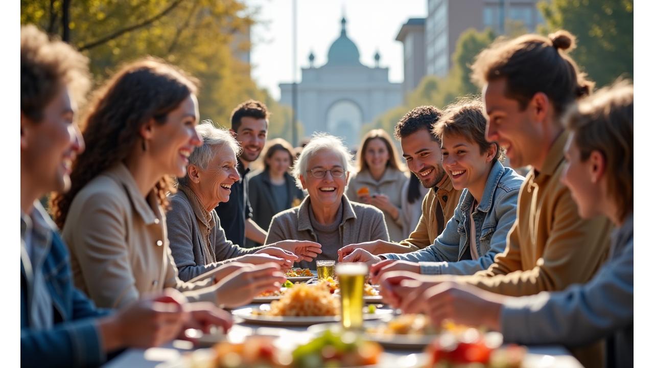 Diverse Menschen unterschiedlichen Alters und Herkunft, die sich in Berlin gegenseitig unterstützen und lächeln. Im Hintergrund sind Berliner Wahrzeichen zu sehen.