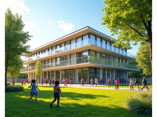 Eine moderne Schule in Berlin mit Kindern, die auf dem Schulhof spielen, symbolisiert Bildungspartnerschaften.