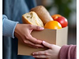Hand reicht volles Lebensmittelpaket an bedürftige Person