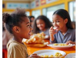 Glückliche Kinder essen gesunde Schulmahlzeiten